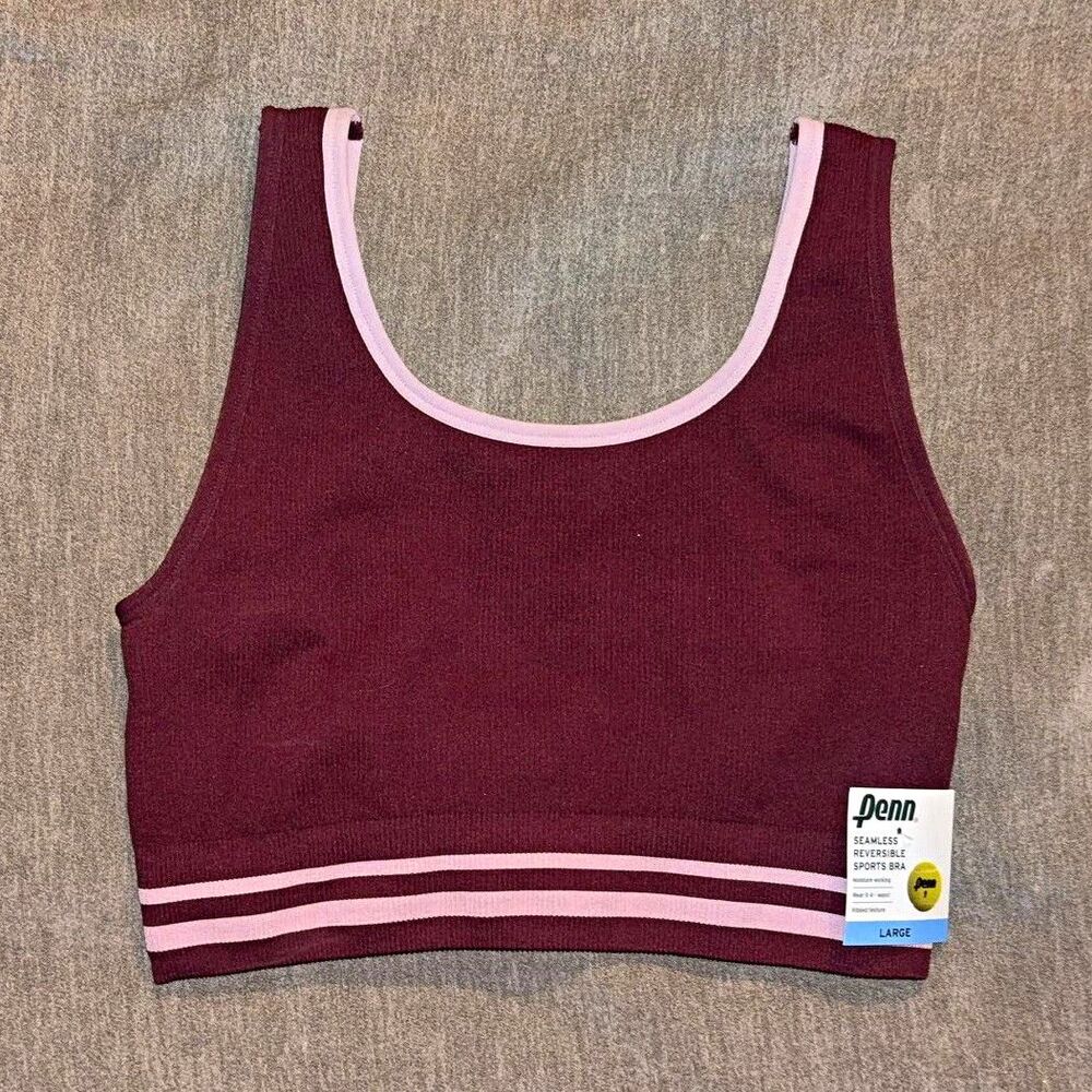 Penn Seamless Reversible Moisture Wicking Sports Bra L Burgundy Pink Stripe